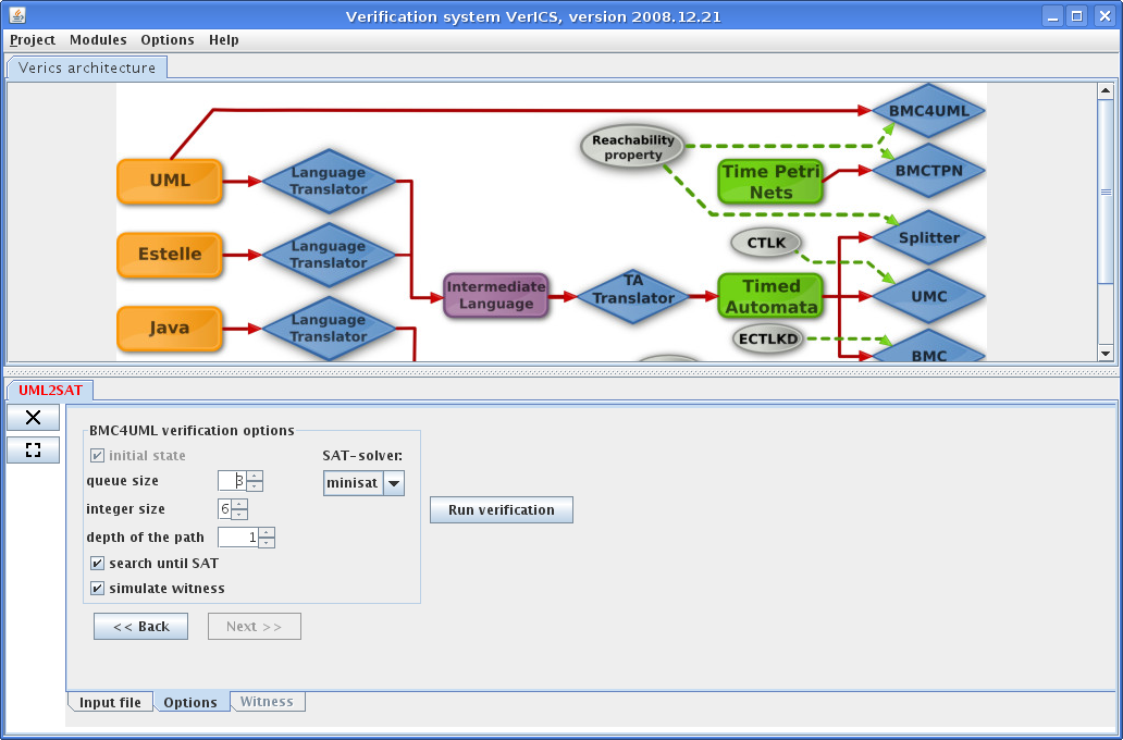 Verics GUI, setting verification parameters: queue size, integer size, sat-solver, start depth